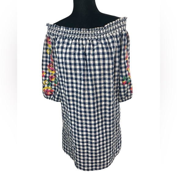 Skies Are Blue Navy Gingham Off Shoulder
Embroidered 3/4 Sleeve Dress - Picture 8 of 11